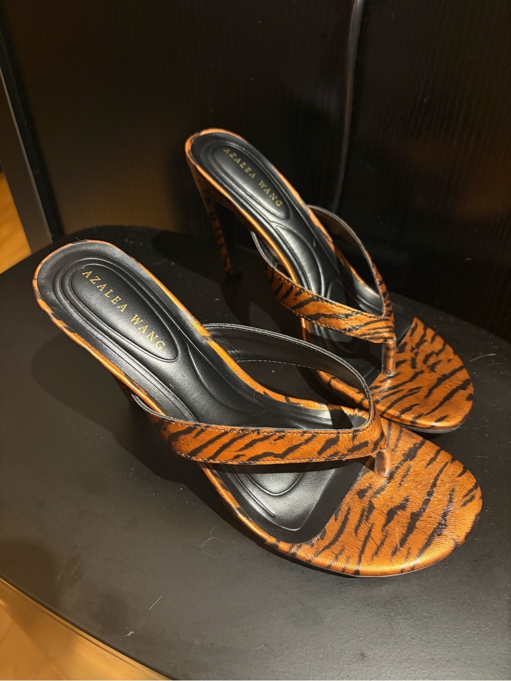 Akira Gold Delyse Orange Tiger Print Slip On Stilleto Sandal